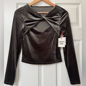 OPEN EDIT Velvet Twist Front Cut Out Long Sleeve Top Dark Olive Green